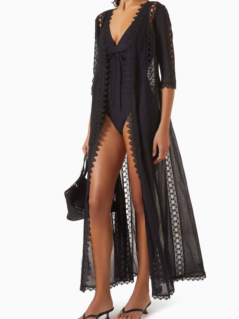 Charo Ruiz Ibiza Ali Lace Sheer Maxi Kimono Cover Up Black S Boho Luxury Resort - Picture 3 of 11
